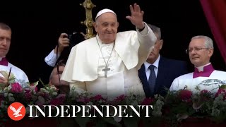 Pope Francis waves from Vatican balcony after leading Easter Mass [upl. by Nohs546]