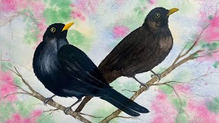 Paint Beautiful SPRING CHERRY BLOSSOM Watercolor Landscape Painting Tutorial Watercolour BLACKBIRDS [upl. by Frasch]