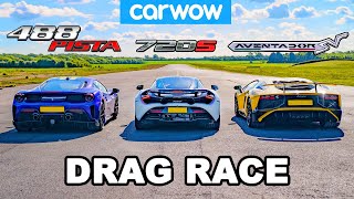 Ferrari 488 Pista vs McLaren 720S vs Lamborghini Aventador SV DRAG RACE [upl. by Chelsie]