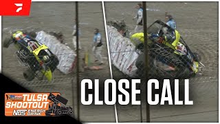 Flagman Nearly Struck By Flipping Car At Tulsa Shootout [upl. by Ottavia400]