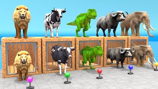 5 Giant Duck Cartoon Fountain Crossing With Cow Elephant Buffalo Lion TRex 3d Animal Game Video [upl. by Ognimod763]