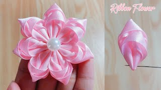 Kanzashi ribbon flower tutorialSatin ribbon craftRibbon flowers easyDiy flower making [upl. by Sumetra]