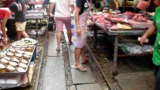 Maeklong Outdoor Market  Train goes through market [upl. by Williamsen]