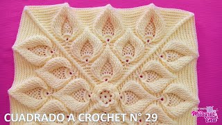 VIDEO COMPLETO de Como tejer el Cuadrado N° 29 a crochet en punto de hojas relieves para cojines [upl. by Arzed]