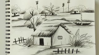 How to draw easy scenery with pencil for beginnersPencil sketch scenery drawing tutorial [upl. by Anirda]