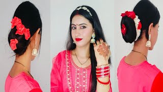 Hairstyle For Festivalkarwa chauth hairstyle juda low bun hairstyles indian open hair hairstyles [upl. by Madancy]