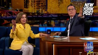 AntiIsrael protesters crash Nancy Pelosi’s ‘Late Show’ interview with Stephen Colbert outside DNC [upl. by Marden]