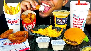 ASMR WENDYS VS SONIC CHICKEN NUGGETS CHEESEBURGER ONION RINGS CHEESY FRIES STRAWBERRY SLUSHIE EATIN [upl. by Hale]