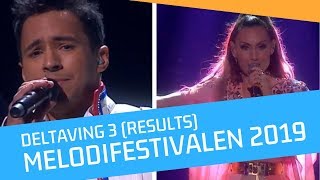 MELODIFESTIVALEN 2019  SEMI FINAL 3 RESULTS  Deltävling 3 RESULTAT [upl. by Aila591]