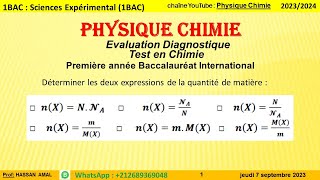 1BAC Evaluation Diagnostique Test en Chimie la quantité de matière [upl. by Myriam478]