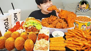 ASMR MUKBANG 맘스터치 치킨먹방 치즈 햄버거 치즈스틱 후라이드치킨 amp 레시피 CRISPY FRIED CHICKEN CHEESE BURGER EATING SOUND [upl. by Sisco]