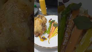 Roasted confit baby chicken  chicken jus buttered rainbow baby carrots amp asparagus grilled fig [upl. by Giralda1]