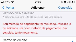 Erro ao adicionar cartão de crédito no iPhone resolvido Método recusado [upl. by Odlaner502]