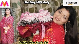 Festive Wear Kurta Set Haul Myntra VS Amazon  Cotton Kurta Pant with Dupatta  Neha Lahotra [upl. by Neufer340]