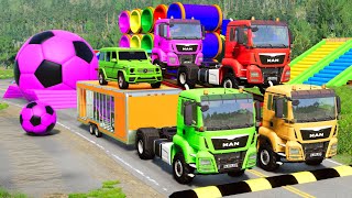 Double Flatbed Trailer Truck vs Speedbumps Train vs Cars Tractor vs Train Beamng Drive 64 [upl. by Collete]