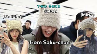 sana being all giddy at airport wearing the gift handmade by lesserafims sakura 😂 [upl. by Nnylannej]