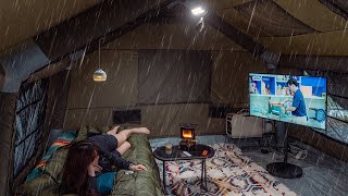 RAIN and STORM Camping in AIR TENT that is more cozy and relaxing than home ASMR [upl. by Platto]