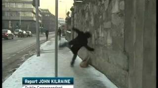 Guy falling on Snow  Ice in Dublin RTE Six one report w Slow mo replay [upl. by Nyloj]