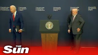 Biden awkward gaffe as he wanders off without shaking President Lulas hand [upl. by Leinnad]