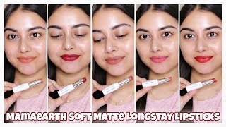 NEW Mamaearth Soft Matte Long Stay Lipsticks 💕 Review  Bare Skin Swatches  All 9 Shades 🥰 [upl. by Aitropal913]