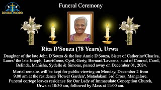 Funeral Ceremony of Rita DSouza 78 Years Our Lady of Immaculate Conception Church Urwa [upl. by Wyne692]