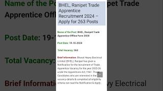 BHEL Ranipet Trade Apprentice Recruitment 2024  Apply for 263 Posts [upl. by Albers]