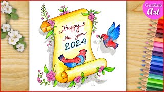 New Year Drawing 2024  Happy New Year Poster making  Easy  Step by step [upl. by Hnahc]