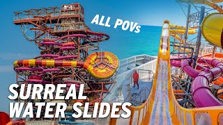 Worlds TALLEST Water Slide Tower NEW Icon Tower at Meryal Water Park  All Slides POV [upl. by Gluck]