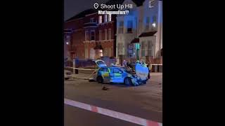 Shoot up hill Police car badly damaged Crime scene in place hillsdistrict london policeincident [upl. by Arikaahs265]