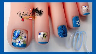 Cómo decorar las uñas de los pies con flores y mariposa  Diseño de uñas celeste azul  Nail Art [upl. by Bysshe]