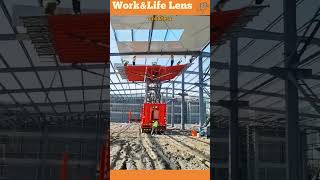 Workers install corrugated roof panels using a hydraulic lift truck with extendable sides [upl. by Sill911]