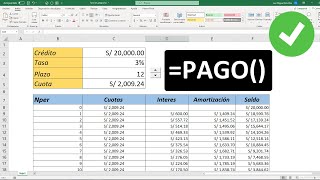 Función Pago en Excel Calculo de cuota de un préstamo basado en pagos y tasa de interés constantes [upl. by Rossing232]