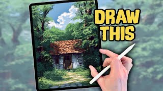 PROCREATE Landscape DRAWING Tutorial in EASY Steps  Secret Forest Hut [upl. by Anilra]