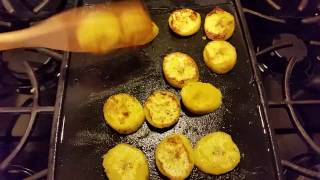 Frying Plantain Slices On Stove Top Griddle Platanos  Tostones  Tasty Grilled Banana Treat [upl. by Brit]