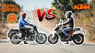 Ktm Duke 250 vs Royal Enfield Classic 350 BS4 Drag Race and Exhaust note comparison [upl. by Serrano]