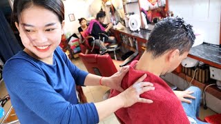 ASMR Strong head and neck massage by a Cambodian lady barber in Phnom Phen [upl. by Aniratac]