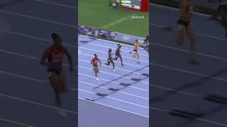 By a hundredth of a second 🤯 masairussell ParisOlympics Olympics TrackAndField Shorts [upl. by Okimuy]