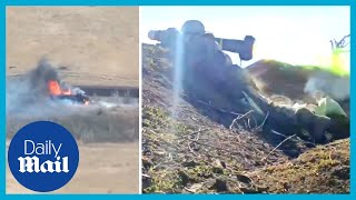 Moment Ukraine soldier destroys Russian tank with USmade Javelin missile [upl. by Egief255]