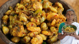 Tasty Kerala Style Chinese Potato Prawns Roast  Koorka Chemmeen Ularthu [upl. by Enailil]