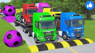 Double Flatbed Trailer Truck vs Speedbumps Train vs Cars  Tractor vs Train BeamngDrive 020 [upl. by Otreblon]