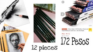 Maries soft charcoal pencil review  affordable charcoal pencil  shopee  12 pieces [upl. by Htor]