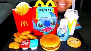 ASMR MCDONALDS STITCH HAPPY MEAL CHICKEN NUGGETS BURGER OREO MCFLURRY COOKIE TOY TALKING REVIEW [upl. by Poliard46]