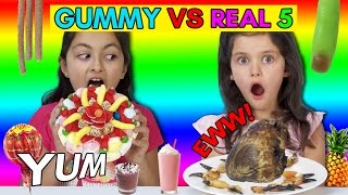 Real vs Gummy Food Challenge Part 5 Kids React to GROSS REAL FOOD Cows Heart Crab Claws [upl. by Perrie777]