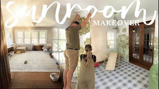 Transforming Our Sad Beige Sunroom INSTALLING A HUGE WALL MURAL Playroom Makeover Ideas [upl. by Fenella293]