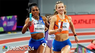 Femke Bol vs Alexis Holmes anchor leg duel decides tight 4x400 final at Indoor Worlds  NBC Sports [upl. by Rillings]