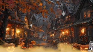 Cozy Autumn Village Halloween Ambience 🎃👻 ASMR Ambience  Distant rain  Music 🍂🎵 [upl. by Tuneberg366]