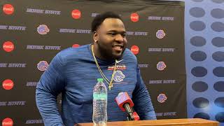 Boise State Nose Tackle Sheldon Newton meets with the media after 5614 win over Portland State [upl. by Wernick]