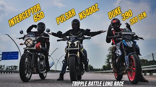 Interceptor 650 vs Bajaj pulsar ns400z vs Ktm duke 390 3rd gen Tripple Battle [upl. by Nabla]