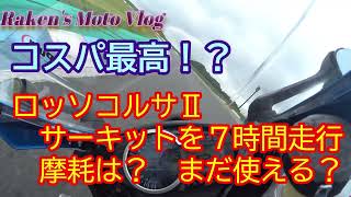 【バイク タイヤライフ】ロッソコルサⅡ 摩耗状態のご報告 コスパ最高 サーキット7時間走行後 [upl. by Henriette]