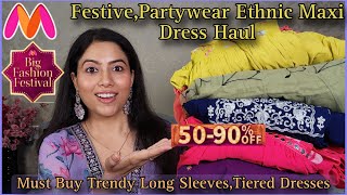 Myntra Festival Ethnic Maxi Dress Haul  Diwali Dresses  TieredEmbroideredLong Sleeves Dress [upl. by Nivar397]